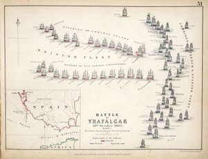 Kaart van de Slag bij Trafalgar, gepubliceerd door William Blackwood and Sons, Edinburgh en Londen, 1848